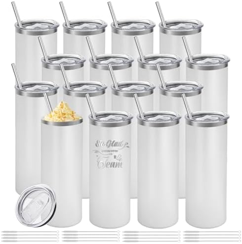 16 Pack Stainless Steel Skinny Tumblers Bulk Straight Double Wall Powder Coated Insulated Tumbler with Lid and Straw for Laser Engrave, DIY Gift, 20oz White