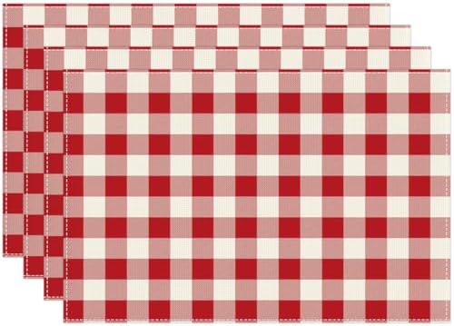 Red and White Buffalo Check Plaid Placemats Set of 4, 12x18 Inch Waterproof Stain Resistant Linen Table Placemats Farmhouse Kitchen Party Decor Home Décor