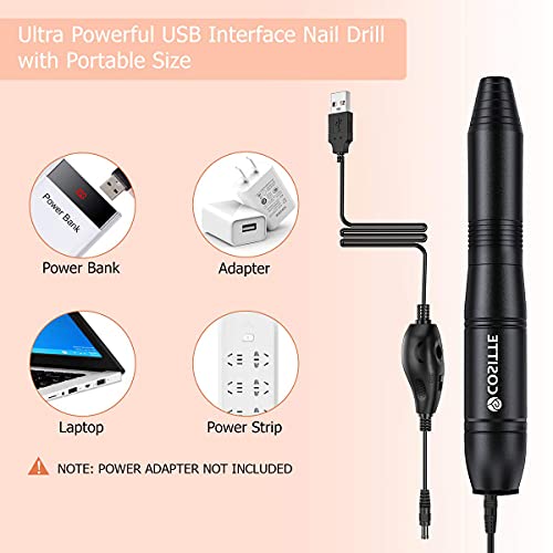 Electric Nail Drill, USB Electric Nail Drill Machine for Acrylic Nails, Portable Electrical Nail File Polishing Tool Manicure Pedicure Efile Nail Supplies for Home and Salon Use Black