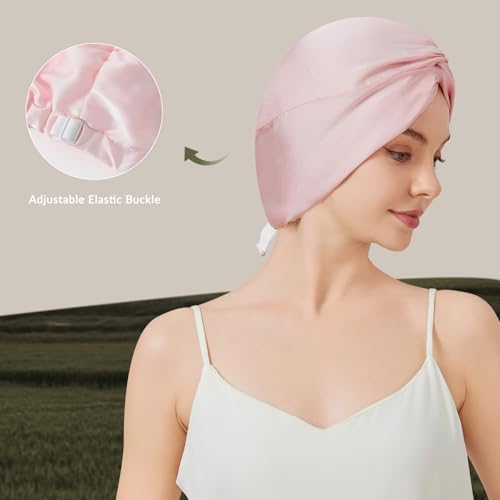 100% Mulberry Silk Bonnet for Sleeping Women, 22 Momme Grade-6A Double Layer Silk Hair Wrap With Elastic Band Stay On Head All Night(1PCS,Pink)