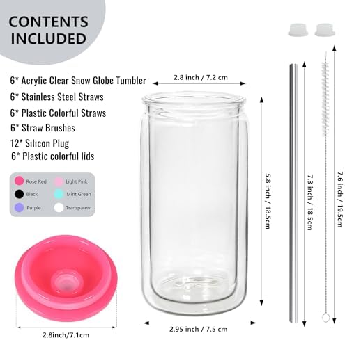 16 oz Acrylic Snow Globe Tumbler Snow Globe Cups Double Wall Snowglobe Tumbler with Pre Drilled Hole Clear Plastic Cups with Colorful Lids and Straws for Iced Coffee Boba Juice Soda 6 Pack