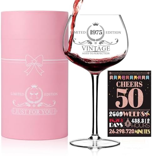 50TH Birthday Gifts for Her - 50 Years Old Gifts for Women - Vintage 1975 Vintage Red Wine Glass, Happy 50TH Birthday Decorations for Mom Best Friend Sister Wife Turning 50, Back in 1975 Poster