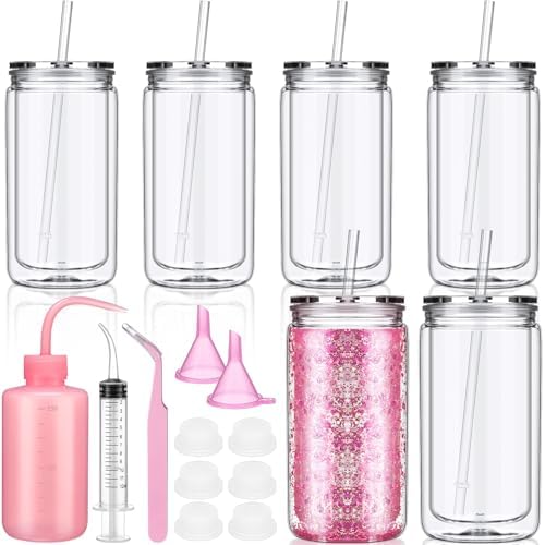 6 Pack Plastic Snow Globe Tumbler 16 Oz Pre Drilled Double Wall Clear Cups with Lid and Straw Squeeze Bottle Funnel Tweezer Bent Syringe for Glitter Snow Globe DIY Cup Making Supplies