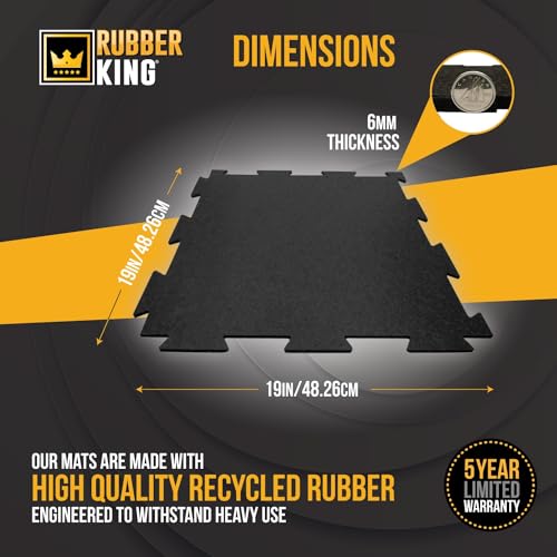 Rubber King 10 Piece Interlocking Tiles 19" x 19" x 6mm - 100% Recycled Rubber Gym Floor Tiles, Exercise Mat for Home Gym, Anti-Slip Low-Odor Interlocking Puzzle Floor Tiles - 23.5sq ft - Black