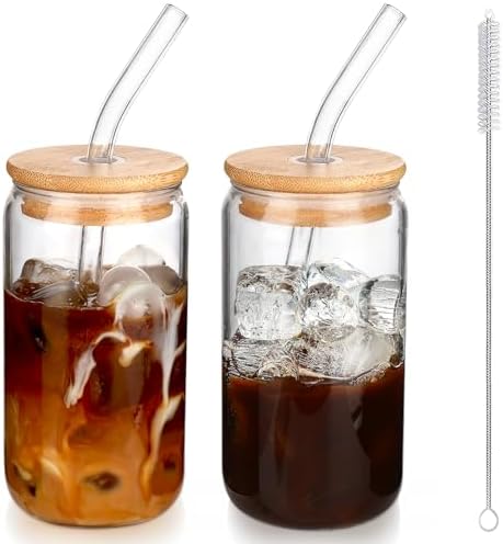 DWTS DANWEITESI Iced Coffee Cups with Lids 2 pcs,16 oz Glass Cups with Lids and Straws as Coffee Bar Accessories,Beer Drinking Glasses,Reusable Glass Tumbler,Cute Coffee Cups for Coffee, Juice, Gifts