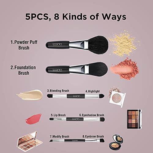 Travel Makeup Brushes Set w/Pouch, 5PCS Double Ended Portable Mini Cosmetic Brushes Kit for Foundation, Eyeshadow, Lip, Blush Make Up Brushes Professional(Black)
