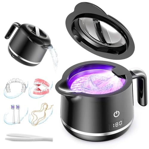 Ultrasonic Retainer Cleaner Machine - 45kHz Ultrasonic Jewelry Cleaner - 200ML Mouth Guard & Denture Cleaner Pod - 5 Modes with Digital Timer - Upgrade Water Bottle Design