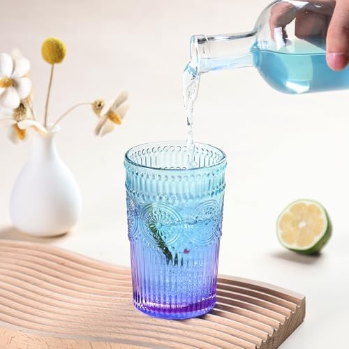 6pcs Vintage Drinking Glasses Set, 12 oz Glass Cups, Embossed Ribbed Glassware Water Tumblers for Cocktail, Water, Juice, Beer, Coffee, Whiskey