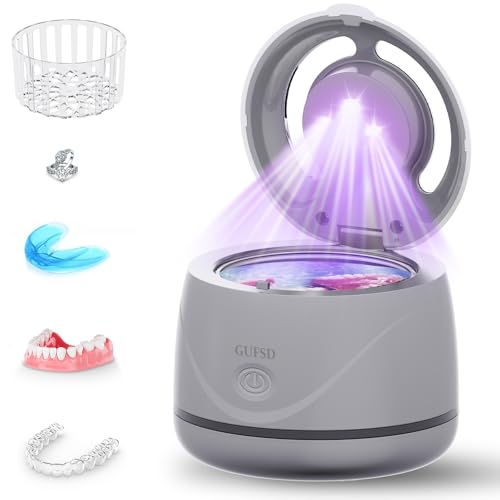 Ultrasonic Retainer Cleaner, 180ML/45kHz Portable Ultrasonic Jewelry Cleaner, Quiet Operation Ultrasonic Cleaner Machine for Dentures,Aligners,Mouth Guards,Night Guards (Gray)