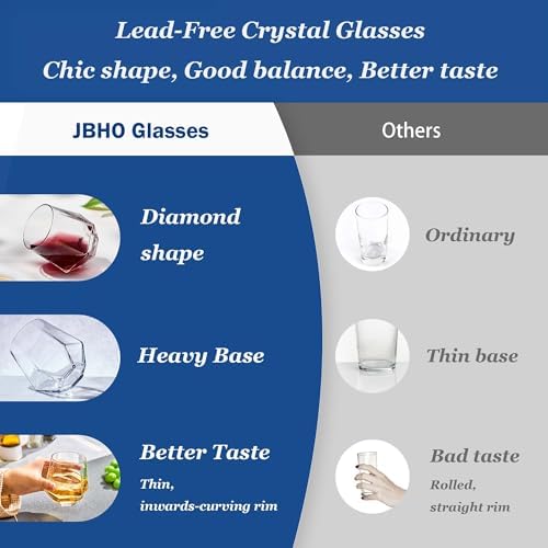 JBHO Stemless Wine Glasses Set of 6, Red or White Small Wine Glass set, 10oz Diamond Shaped, Unique Short Tumblers, Cocktail Glass, Nice Gift-Packaging for Housewarming, Birthday,Valentine,NewYear
