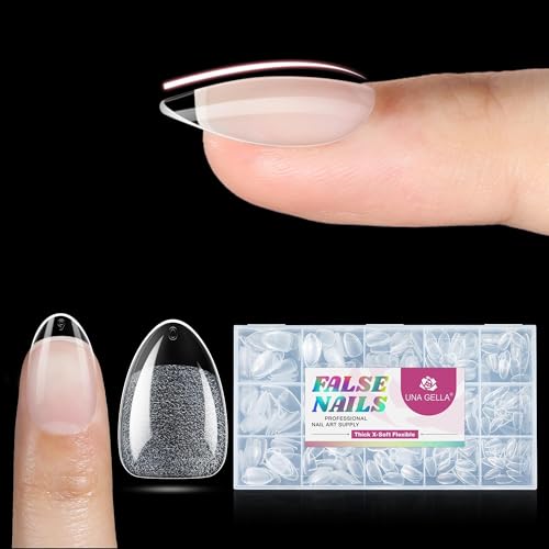 UNA GELLA Short Almond Nail Tips Thicker X-Soft Flexible Gel Nail Tips Pre-Etched 330PCS Full Cover Short Acrylic Fake Nails Strength Nails for Press on Nail Extensions DIY Salon 15 Sizes