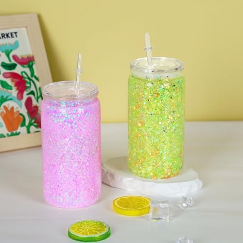 16 oz Plastic Snow Globe Tumbler, 4 Pack Double Wall Snowglobe Tumbler with Pre Drilled Hole, Plastic Mason Jar Cups Can for Snow Globe Glitter DIY (Clear)