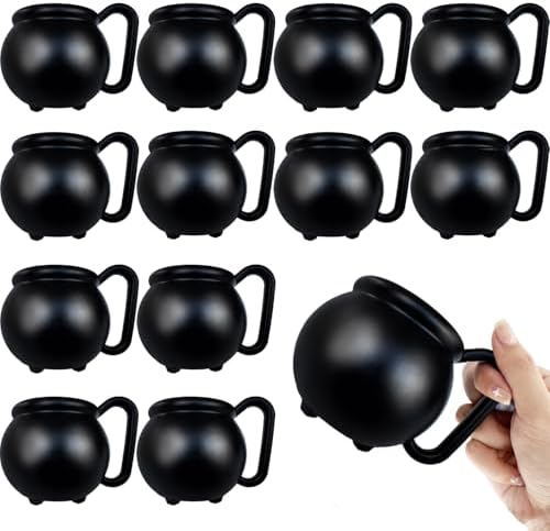 12 PCS 15 oz Cauldron Mugs,Plastic Black Cauldron Pot Cups,Witches Brew Mug for Drinks,Halloween Party Favors,St Patricks Day Party Gift Supplies