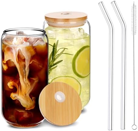 2 Pcs Drinking Glasses with Bamboo Lids and Straw 2pcs Set - 16oz U-Shaped Cups, Iced Coffee Glasses, Cute Reusable Bottle, Ideal for Whiskey, Beer, Tea, Gift