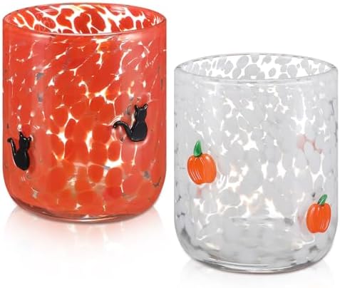 Skylety 2 Pcs Halloween Icon Juice Glasses - Orange Pumpkin & Black Cat Icon Stemless Coffee Cocktail Glassware Cup for Halloween Fall Thanksgiving Party Gift