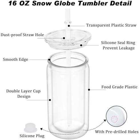 16 oz Plastic Snow Globe Tumbler, 4 Pack Double Wall Snowglobe Tumbler with Pre Drilled Hole, Plastic Mason Jar Cups Can for Snow Globe Glitter DIY (Clear)