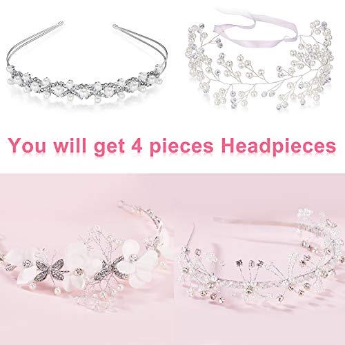 WILLBOND 4 Pcs Flower Girl Headband Flower Girl Hair Accessory Silver Wedding Headpiece Princess Crystal Pearl Headband for Wedding Birthday First Communion Party Photography