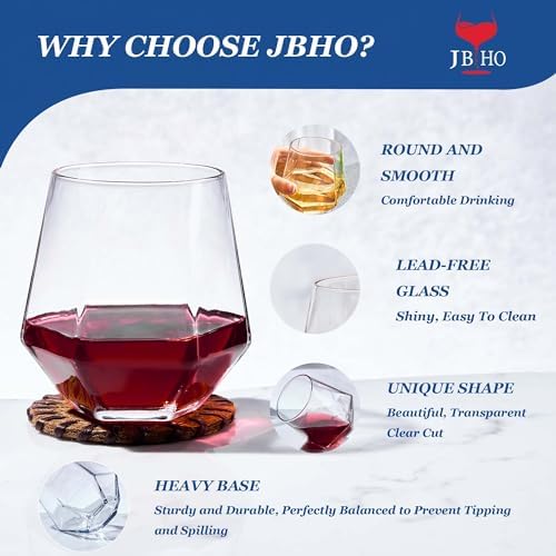 JBHO Stemless Wine Glasses Set of 6, Red or White Small Wine Glass set, 10oz Diamond Shaped, Unique Short Tumblers, Cocktail Glass, Nice Gift-Packaging for Housewarming, Birthday,Valentine,NewYear