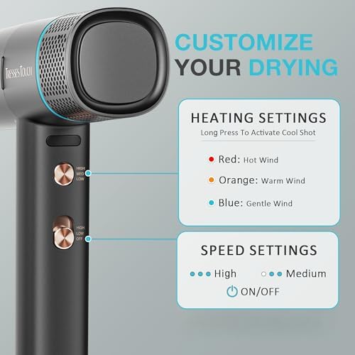 Diffuser Hair Dryer, Professional High Speed Portable Ionic Hair Blow Dryer with Diffuser for Women & Men, 3 Temps/2 Speeds, 6.56 Ft Cord, Best for Straight & Wavy Hair, for Home Travel, Black