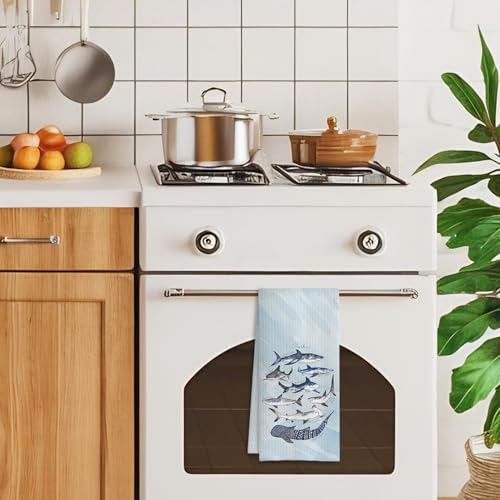 Shark Towels for Bathroom, Coastal Beach Kitchen Dish Towels, Hand Towels, Bathroom Decor, 16x24 Inches