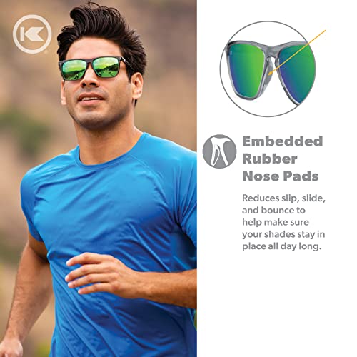 Knockaround Fast Lanes Sport - Polarized Running Sunglasses for Women & Men - Impact Resistant Lenses & Full UV400 Protection, Clear Grey Frame/Green Reflective Lenses