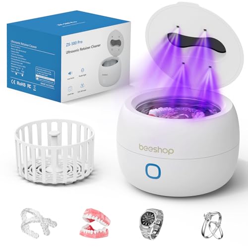Ultrasonic Retainer Cleaner, 45kHz Denture Cleaner Machine with 3 Modes, 200ML Dental Cleaning Pod for Dentures, Mouth Guards, Aligner, Night Guard, Braces, Jewelry (White)