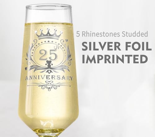 ROXBURGH 25th Wedding Anniversary Champagne Flutes Present Rhinestones Studded, 25th Anniversary Decorations 7 OZ Crystal Champagne Glasses Set of 2, Wedding Present, Couples