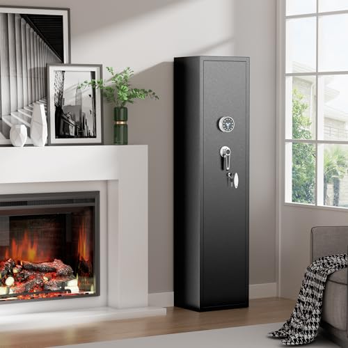 Bonusall in Wall Gun Safe Between Stud with Fingerprint, Assembled 4 Rifle Safe with 3 Removable Shelf, Rifle Gun Safe for Shotguns and Pistols with Adjustable Rack (Black)