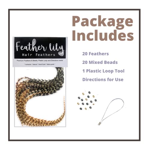 Natural Hair Feathers, Real Long Feather Hair Extensions with bead loop kit, 20 Long Thin Tie Dye Ginger Brown and Black and White grizzly striped Ombre Bayalage Plumes