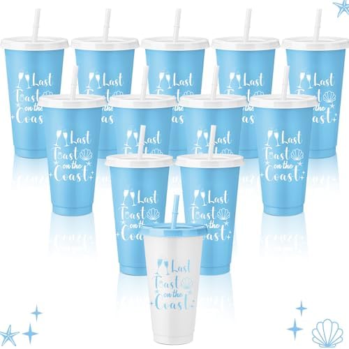 Domensi 12 Pcs Last Toast on the Coast Bachelorette Party Plastic Cups with Lids and Straws 24 oz Bachelorette Party Tumbler Cups for Bride Bridesmaid Last Toast on the Coast Gifts