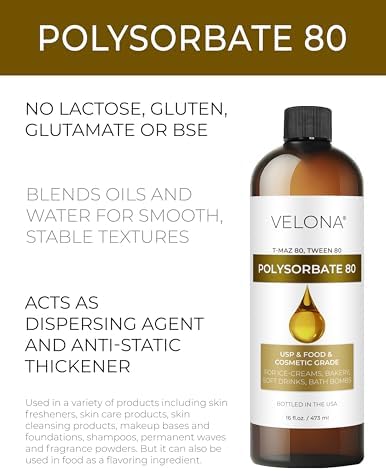 Polysorbate 80 by Velona - 32 Fl Oz | Solubilizer, Food & Cosmetic Grade | All Natural for Cooking, Skin Care and Bath Bombs, Sprays, Foam Maker | Use Today - Enjoy Results