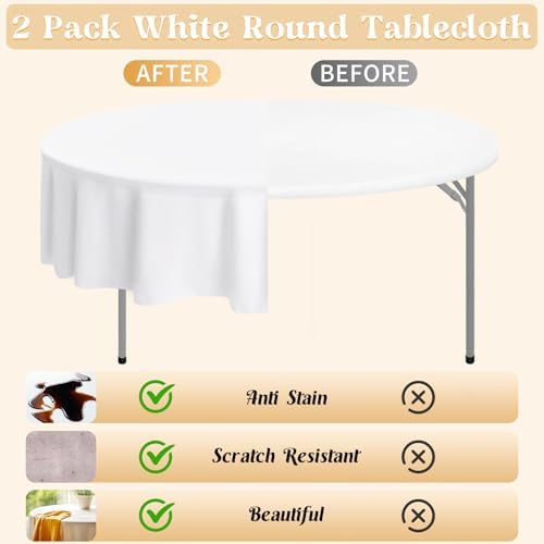 2 Pack 90 Inch White Round Tablecloth for Round Table Washable Reusable Outdoor Polyester Fabric Decorative Dining Table Cover for Buffet, Camping, Baby Shower, Party