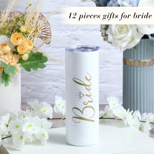 12 Pieces Bride To Be Gifts Set Bride Robe Slippers Hair Clip Cosmetic Bag Bride Gift Box Cup Photo Frame Jewelry Tray Pen Eye Mask Bride Gifts for Wedding Bachelorette Party Bridal Shower