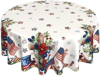 Star Floral Patriotic 4th of July Tablecloth Round 60 Inch Memorial Day American Flag Decorative Table Cloth Washable Wrinkle Stain-Resistant Independence Day Table Cover For Party Picnic Dinner