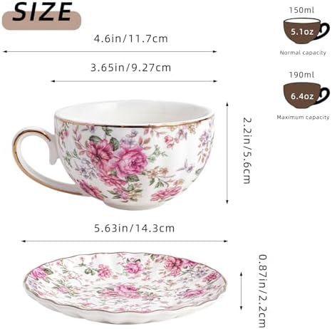 Tea Cup and Saucers, 6.4oz Floral Tea Cups with Gold Trim, Porcelain Bone China Teacup, Coffee Cappuccino Espresso Latte Mugs for Party Birthday,Party Cafe Home, Christmas Gift (White)