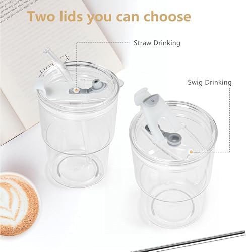 15 oz Plastic Iced Coffee Cups with Lids and Straws Set of 6, Unbreakable Drinking Glasses Reusable Iced Coffee Glass to Go Cup for Matcha Tea Smoothie Juice Cup Dishwasher Safe