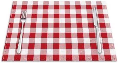 Red and White Buffalo Check Plaid Placemats Set of 4, 12x18 Inch Waterproof Stain Resistant Linen Table Placemats Farmhouse Kitchen Party Decor Home Décor