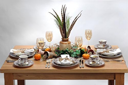 Spode Woodland Turkey Round Platter - 12" Fine Porcelain Serving Tray with British Flowers Border, Rustic Thanksgiving Design - Microwave, Dishwasher, Freezer & Warm Oven Safe - Made in England