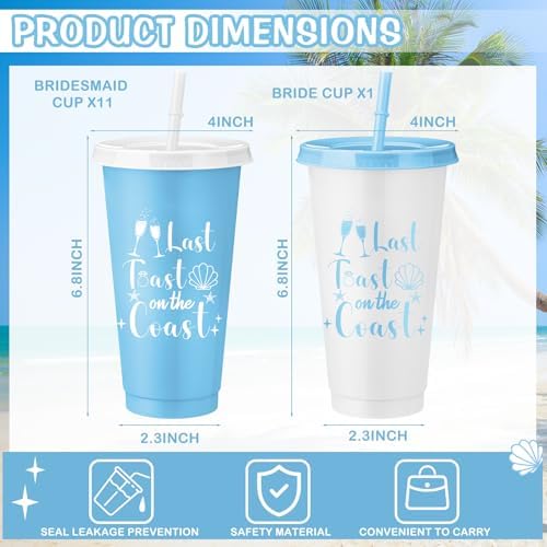 Domensi 12 Pcs Last Toast on the Coast Bachelorette Party Plastic Cups with Lids and Straws 24 oz Bachelorette Party Tumbler Cups for Bride Bridesmaid Last Toast on the Coast Gifts