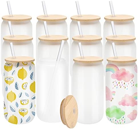 12 Pack Sublimation Glass Cups Frosted 16oz Blanks Beer Can Borosilicate Glasses Tumbler with Bamboo Lids and Straws for Beer, Juice, Soda, Iced Coffee, Drinks