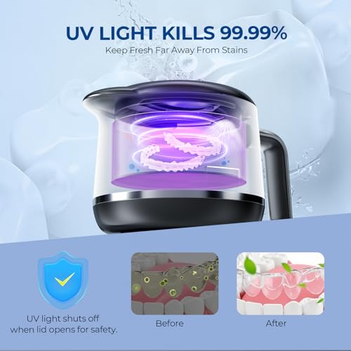 Ultrasonic Retainer Cleaner Machine - 45kHz Ultrasonic Jewelry Cleaner - 200ML Mouth Guard & Denture Cleaner Pod - 5 Modes with Digital Timer - Upgrade Water Bottle Design