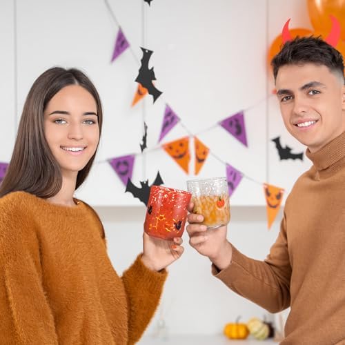 Skylety 2 Pcs Halloween Icon Juice Glasses - Orange Pumpkin & Black Cat Icon Stemless Coffee Cocktail Glassware Cup for Halloween Fall Thanksgiving Party Gift