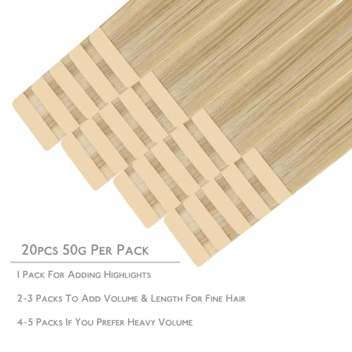 WENNALIFE Tape in Hair Extensions Human Hair, 20pcs 50g 18 inch Light Blonde Highlighted Golden Blonde Remy Hair Extensions Straight Human Hair Tape in Extensions Skin Weft