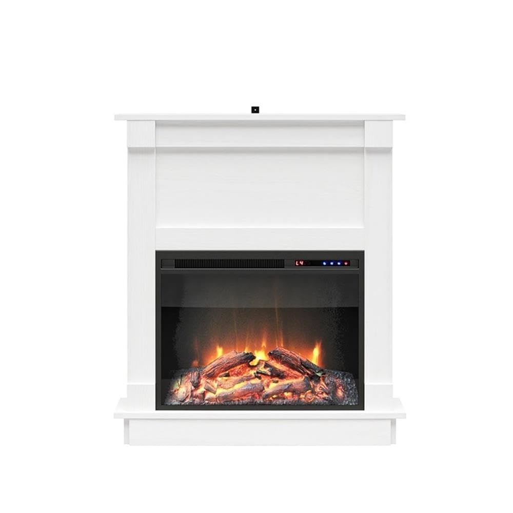 Ameriwood Home Ellsworth Fireplace with Mantel, White - Cozy Electric Heater for Home & Kitchen, 400 sq. ft. Heating, Remote Control, Neutral Finish