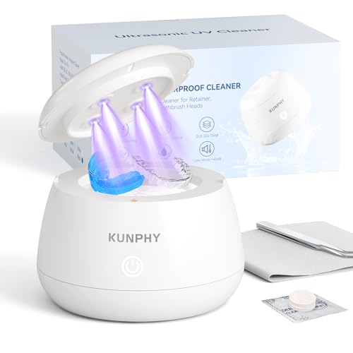 KUNPHY Ultrasonic Retainer Cleaner, 48kHz Denture Cleaner Machine with Cleaning Tablets, Water-Proof Dental Cleaning Pod for Deep Cleaning Night Guard, Mouth Guard, Aligner, Jewelry, White