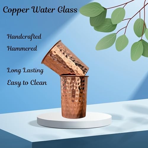 Set of 2 Hammered Pure Copper Cups For Drinking Water Glasses Tumblers Copper Glass for Ayurveda Health Benefits, UNCOATED and LACQUER Free