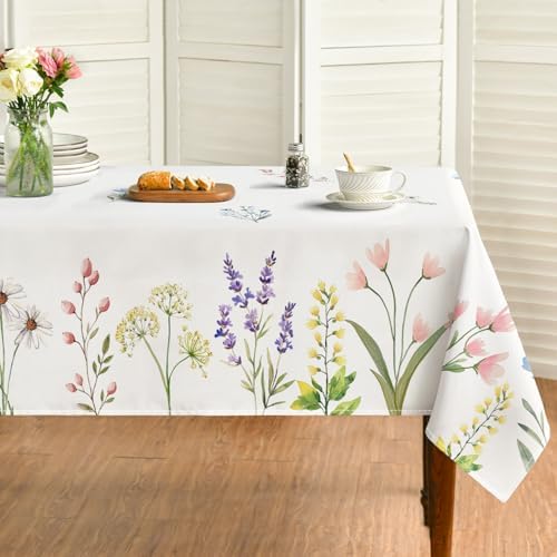 Horaldaily Spring Summer Tablecloth 60x84 Inch, Easter Watercolor Wild Flowers Blooming Floral Table Cover for Party Picnic Dinner Decor