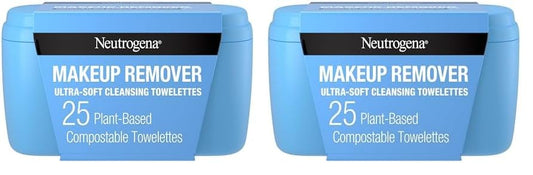 Neutrogena Makeup Remover Facial Cleansing Towelettes, Daily Face Wipes Remove Dirt, Oil, Sweat, Makeup & Waterproof Mascara, Gentle, Soap- & Alcohol-Free, 100% Plant-Based Cloth, 25 ct (Pack of 2)