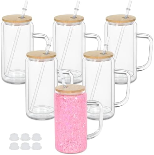 16 Oz Snow Globe Tumbler With Handle, Pre-Drilled Double Wall Snow Globe Glass Cup For Glitter, 6 Pack