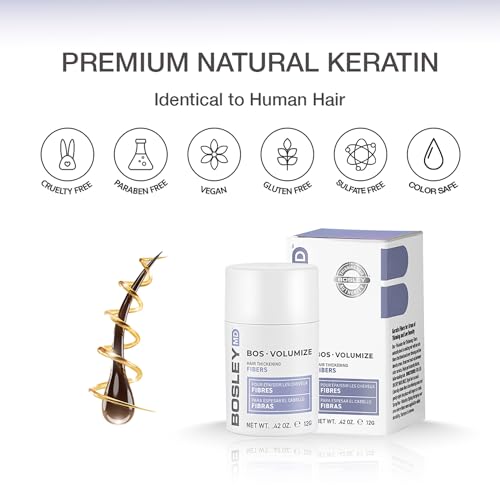 BosleyMD BosVolumize Hair Thickening Fibers, Hair Building Formula with Natural Keratin for Thinning Hair or Bald Spots, Hair Loss Concealer Men and Women, 4 Colors